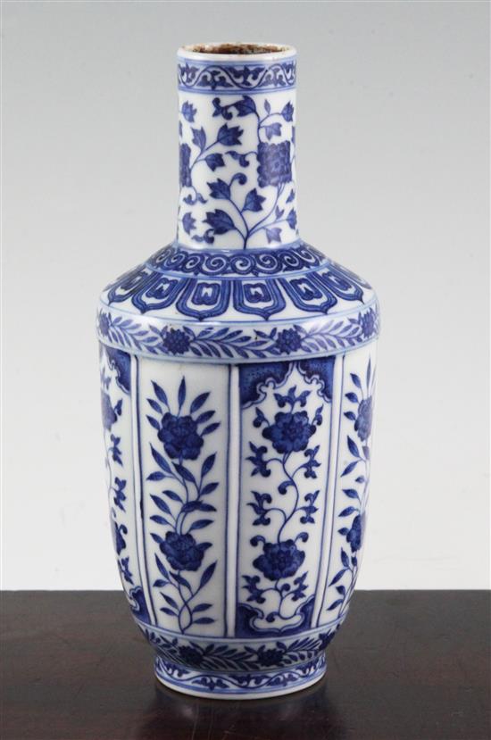 A Chinese blue and white bottle vase, Qianlong mark but later painted in Ming style, 20cm